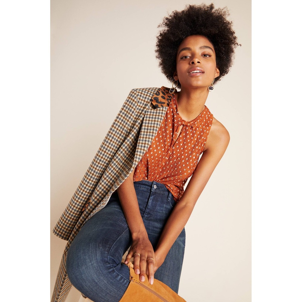 Anthropologie Lennox Halter Top | XS | Rust Gold | Metallic Polka Dot Plissé